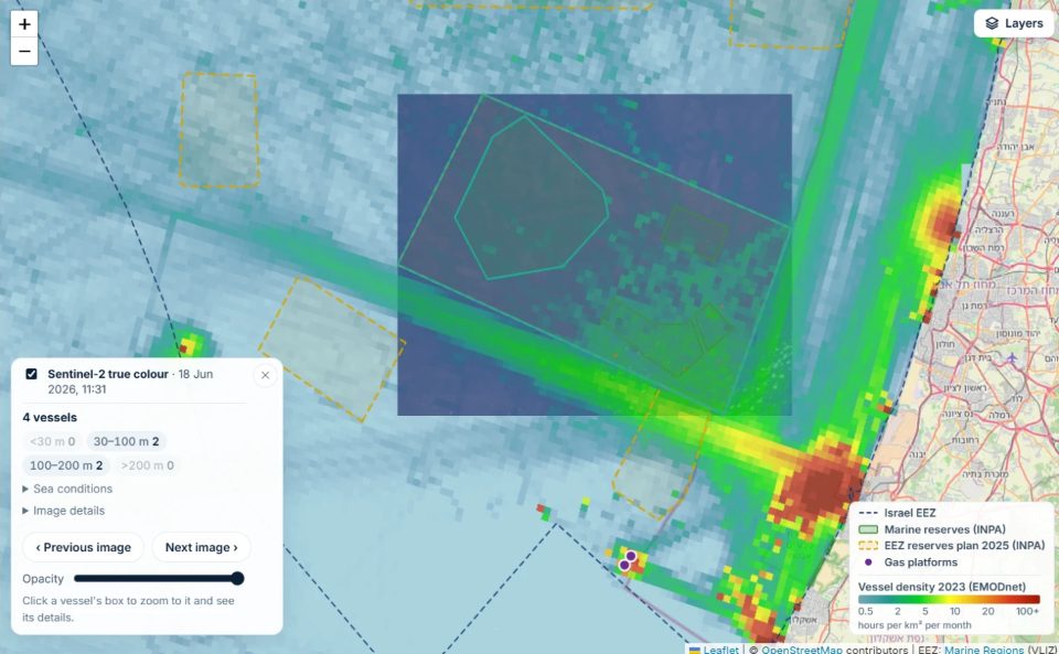 Satalize vessel monitor: a map of marine reserve areas off the Israeli coast, with vessel density and the vessels detected in one satellite image