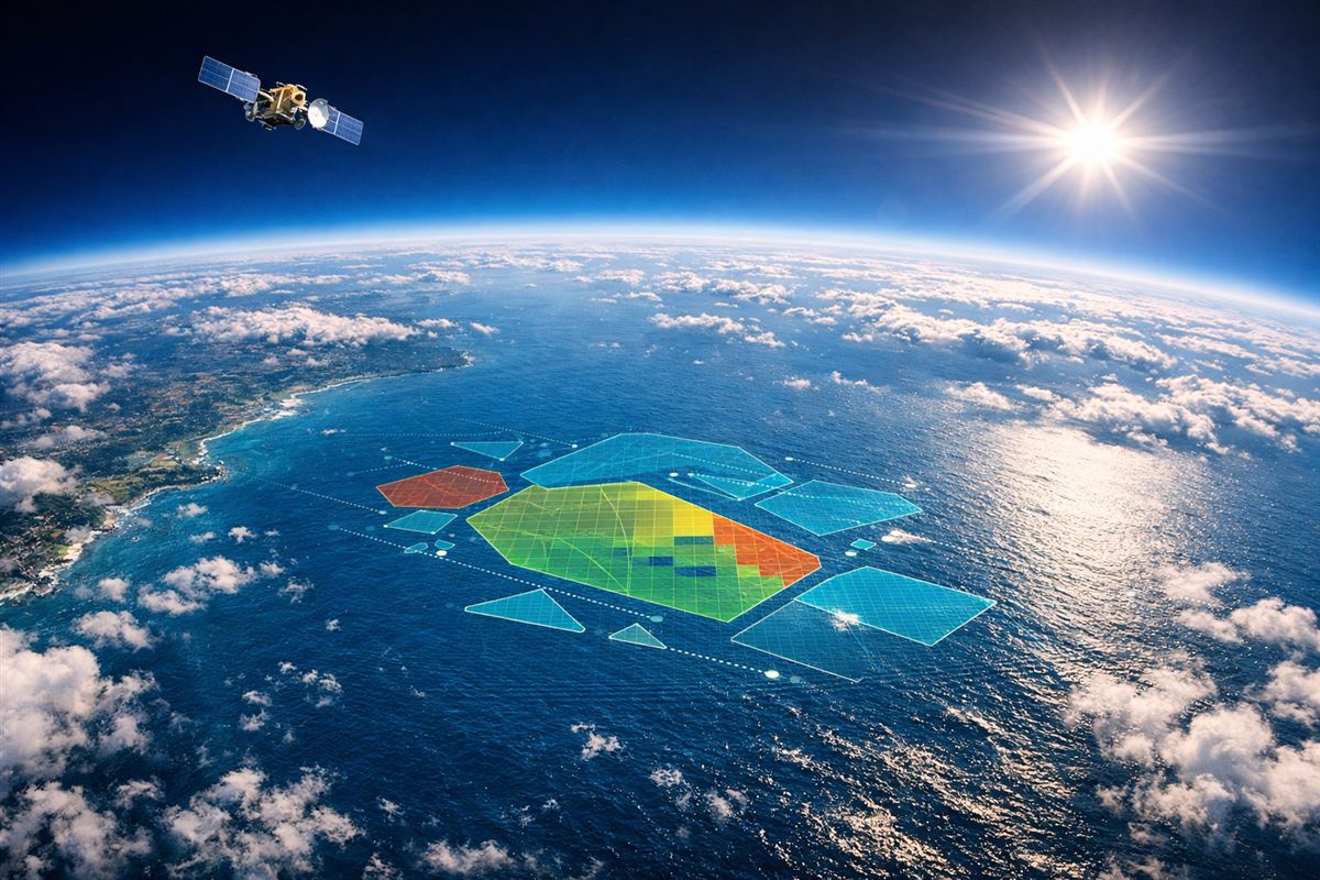 Illustrative visualization of satellite-derived ocean intelligence, showing a monitored coastal area overlaid with a color-coded risk grid